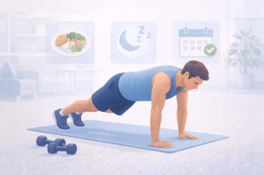 Illustration of a person doing a core exercise on a mat with icons for nutrition, sleep, and routine, representing a full belly reduction strategy.