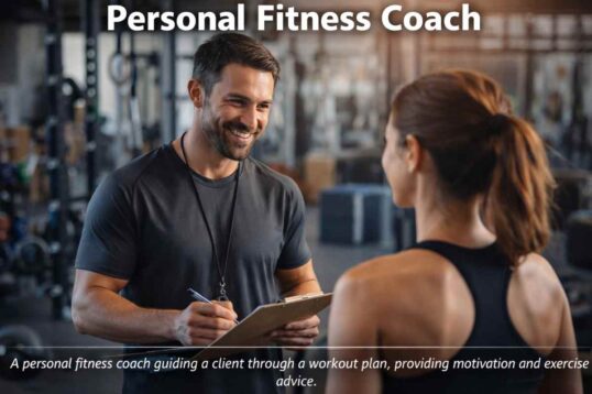 Personal fitness coach guiding a client through a workout plan in a professional gym environment.