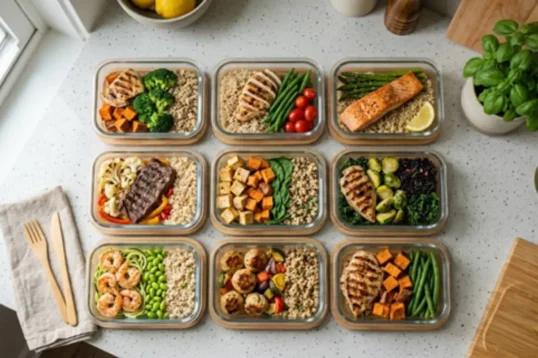 Healthy meal prep containers with grilled chicken, salmon, shrimp, vegetables, quinoa, and sweet potatoes arranged on a kitchen countertop.