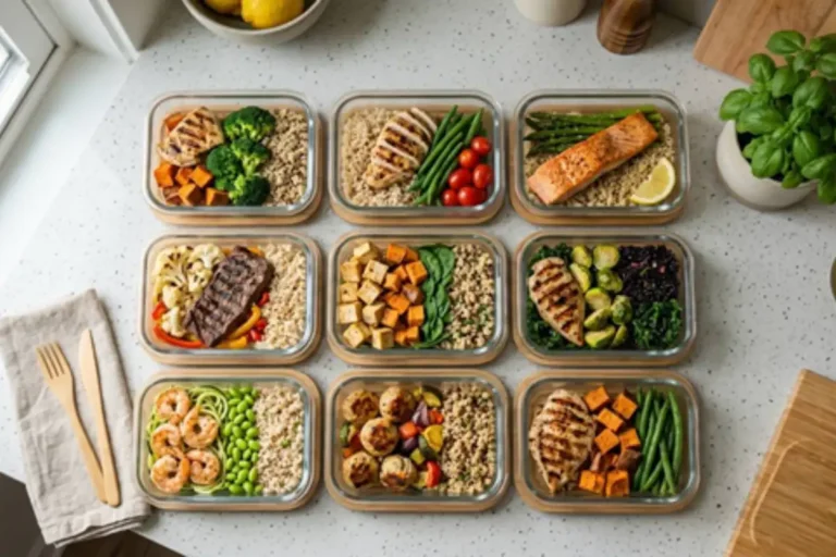Healthy meal prep containers with grilled chicken, salmon, shrimp, vegetables, quinoa, and sweet potatoes arranged on a kitchen countertop.